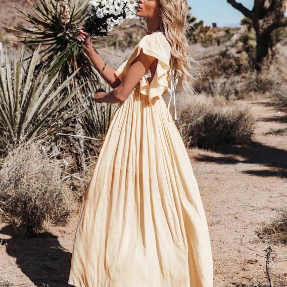 Oat Cream Boho Gauze Boho Button Flutter Maxi Butterfly Arms Dress - Picture 6 of 11